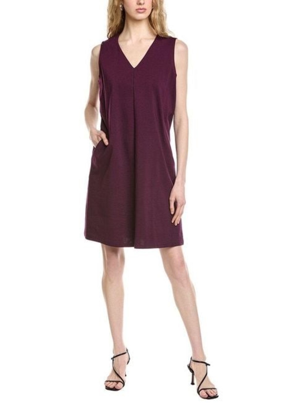Eileen Fisher Cotton Blend Ponte V-Neck Shift Dress Plum Pockets Size S NWT